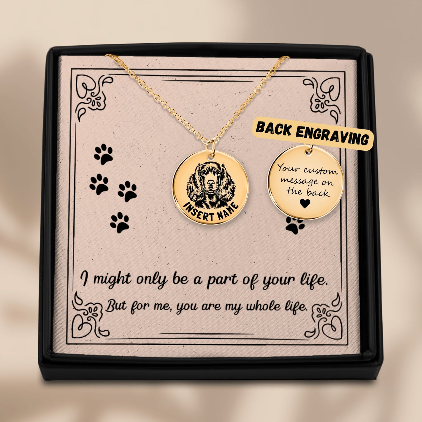 Personalized engraved Cocker Spaniel gold necklace in a jewelry box with a loving message card.