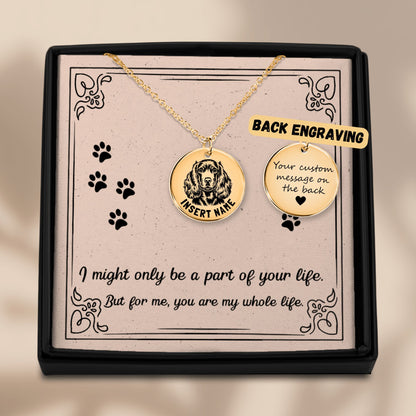Personalized engraved Cocker Spaniel gold necklace in a jewelry box with a loving message card.