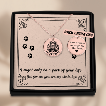 Personalized engraved Cocker Spaniel rose gold necklace in a jewelry box with a loving message card.