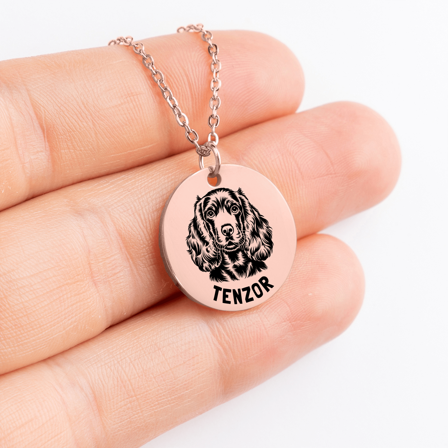 Personalized engraved Cocker Spaniel rose gold necklace in a jewelry box with a sweet message card.