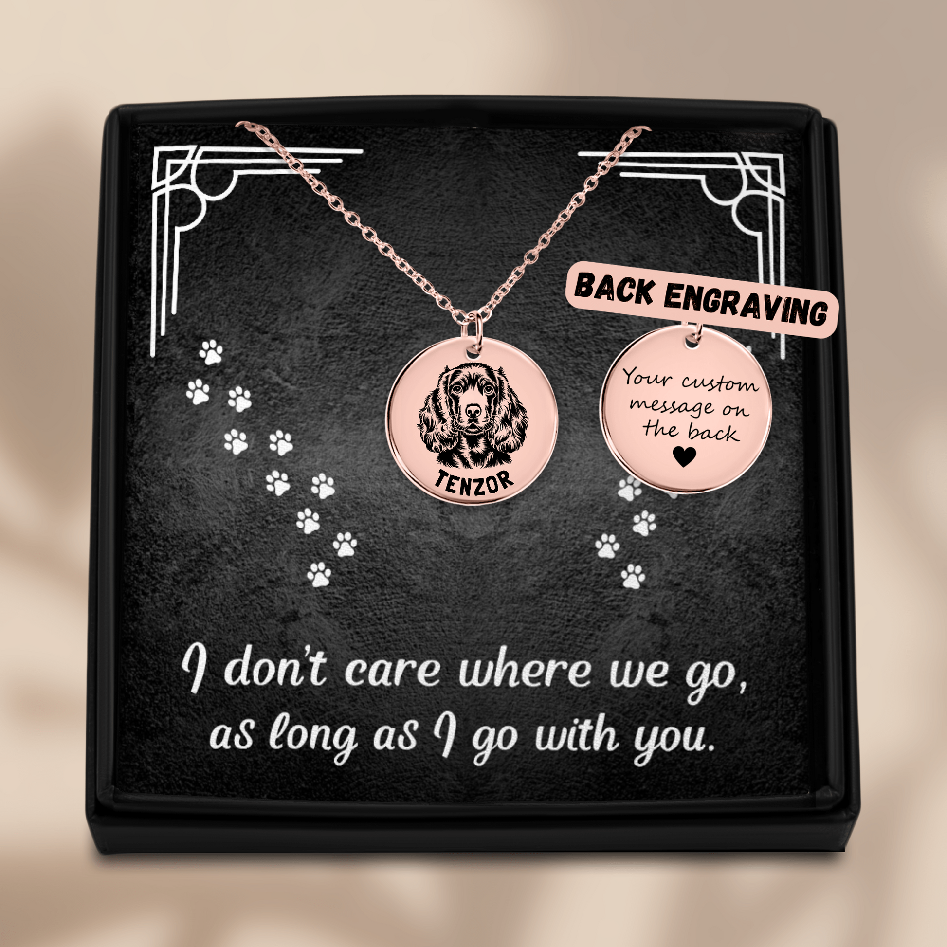 Personalized engraved Cocker Spaniel rose gold necklace in a jewelry box with a sweet message card