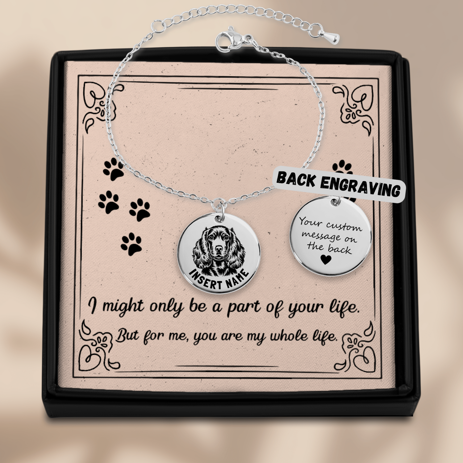 Personalized engraved Cocker Spaniel silver bracelet in a jewelry box with a loving message card