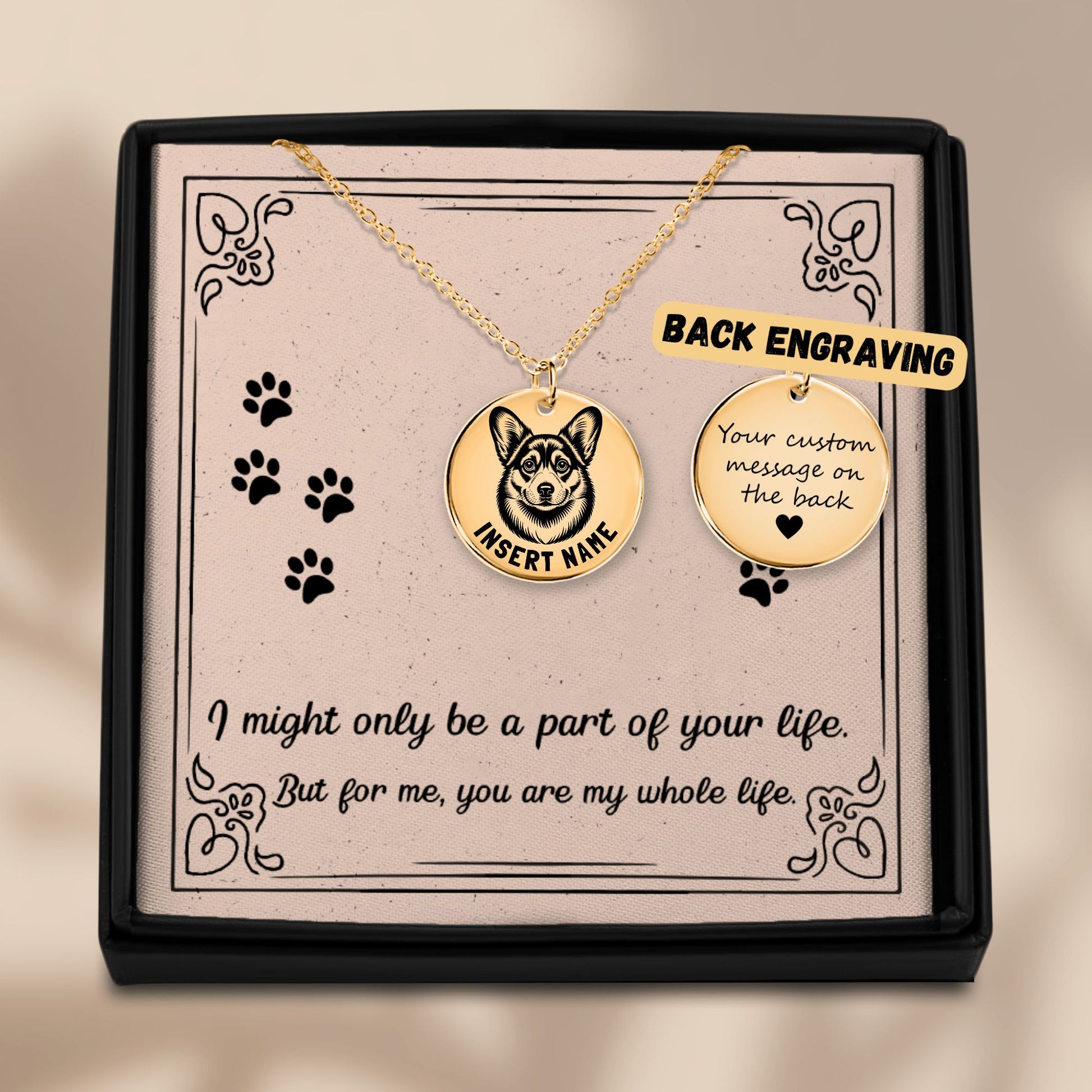Personalized engraved Corgi Dog gold necklace in jewelry box with loving message card