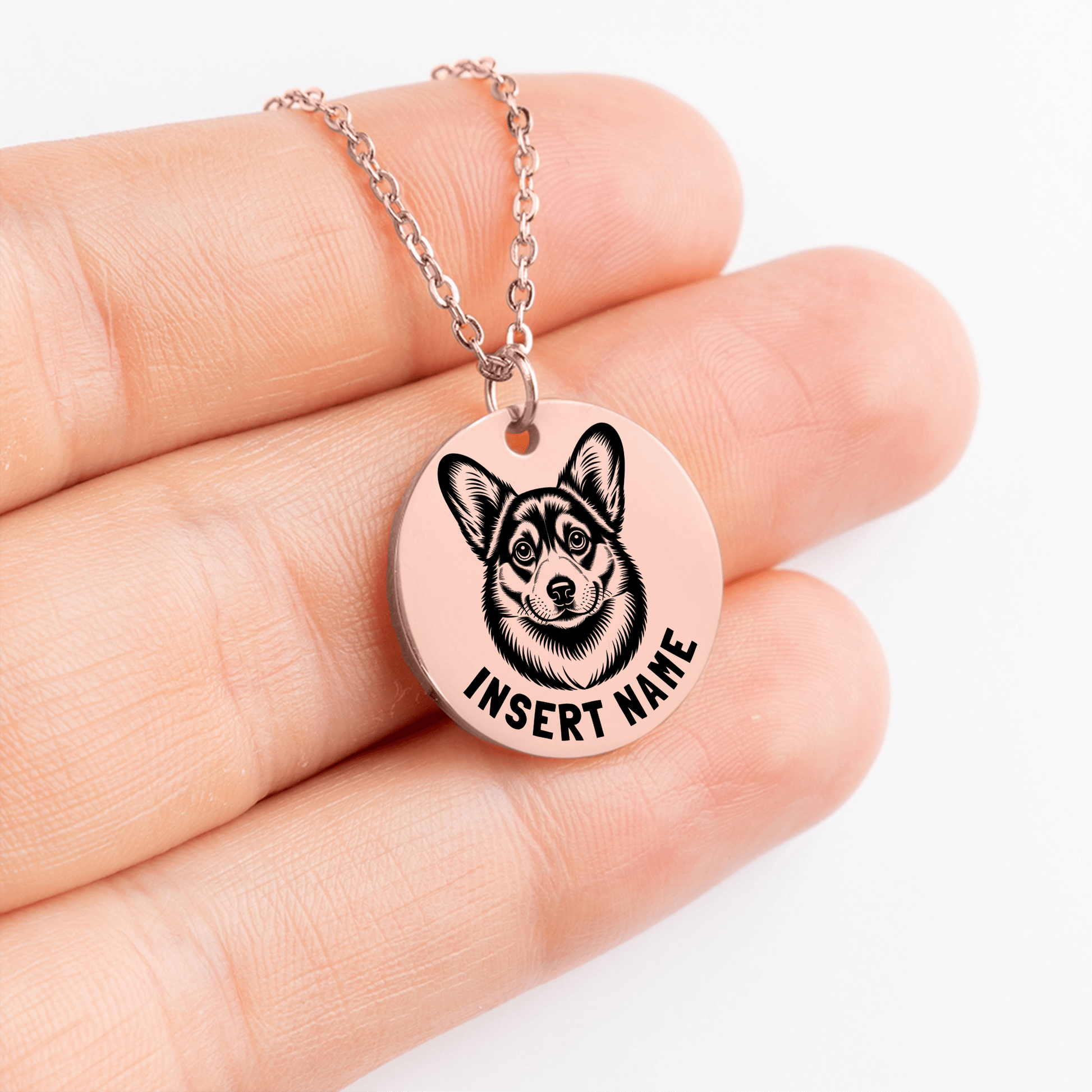 Personalized engraved Corgi Dog rose gold necklace in jewelry box with loving message card..