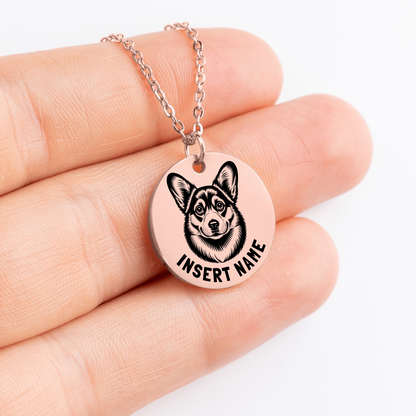 Personalized engraved Corgi Dog rose gold necklace in jewelry box with loving message card..