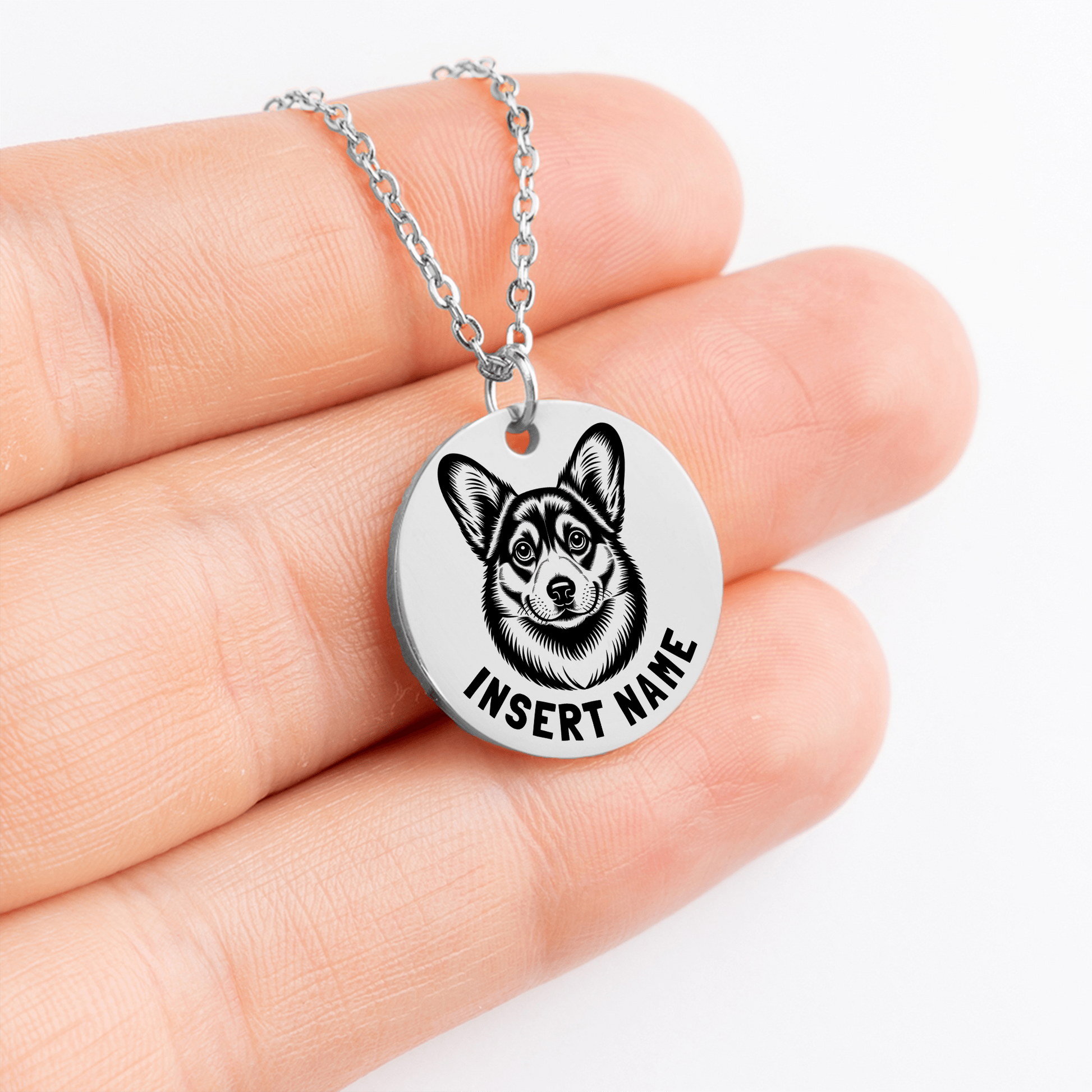 Personalized engraved Corgi Dog silver necklace in jewelry box with loving message card....