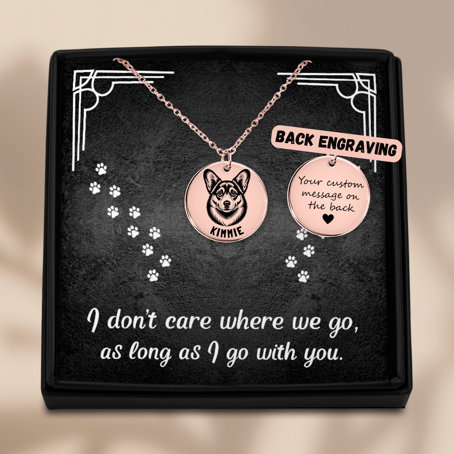 Personalized engraved Corgi rose gold necklace in a jewelry box with a sweet message card.
