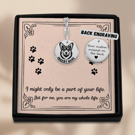 Personalized engraved Corgi silver keychain in a jewelry box with a loving message card