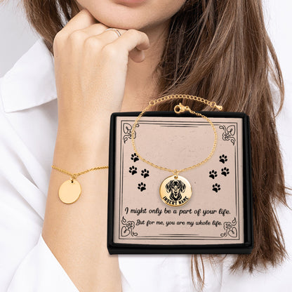 Personalized engraved Dachshund Dog gold bracelet in a jewelry box with a loving message card.