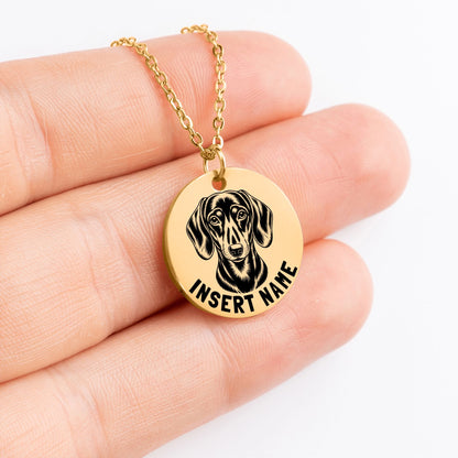 Personalized engraved Dachshund gold necklace in jewelry box with loving message card..