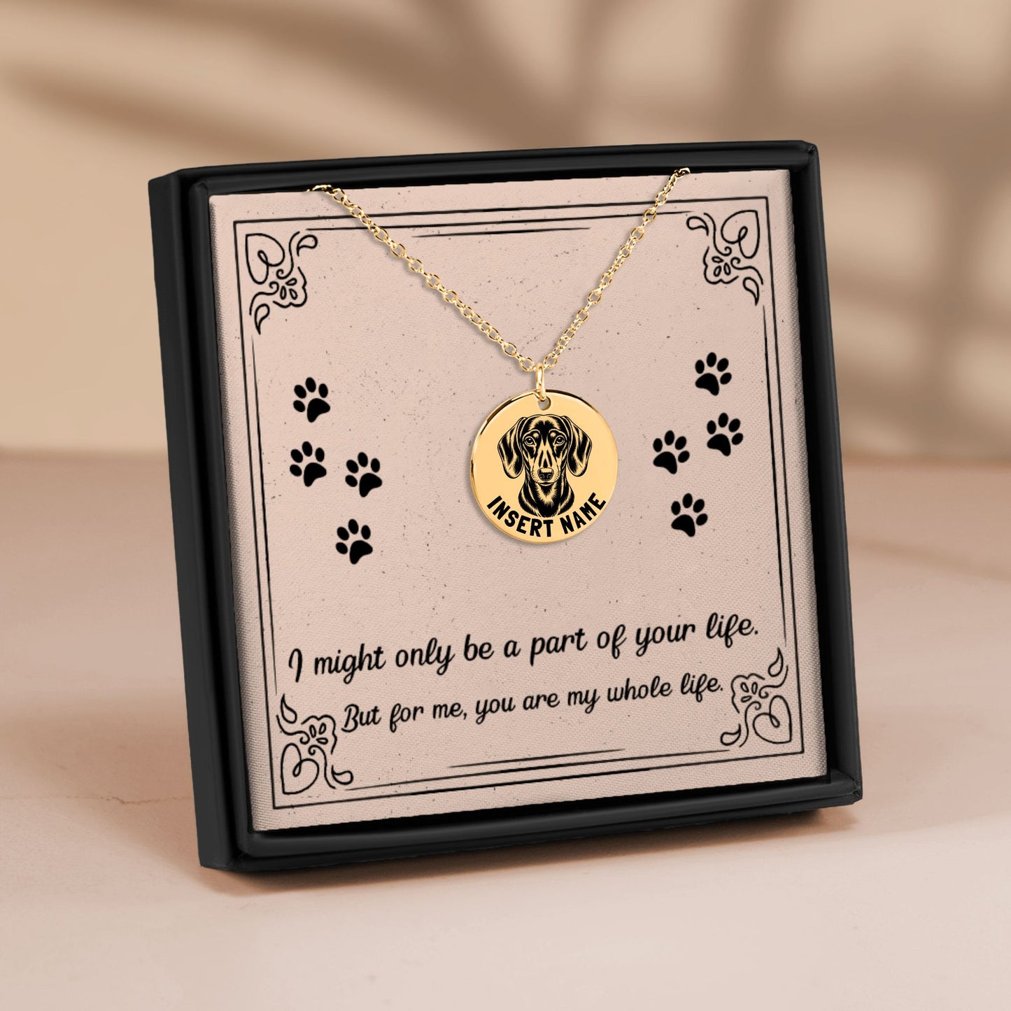 Personalized engraved Dachshund gold necklace in jewelry box with loving message card.