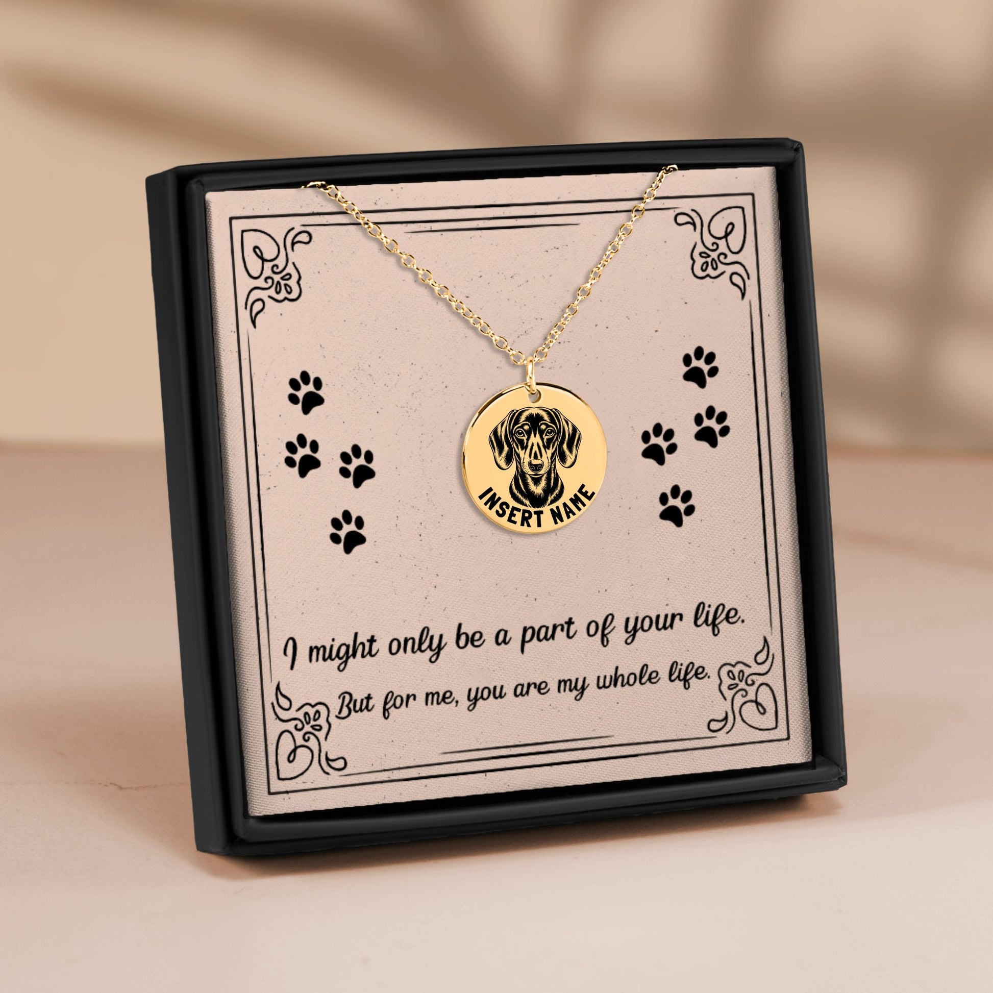 Personalized engraved Dachshund gold necklace in jewelry box with loving message card.