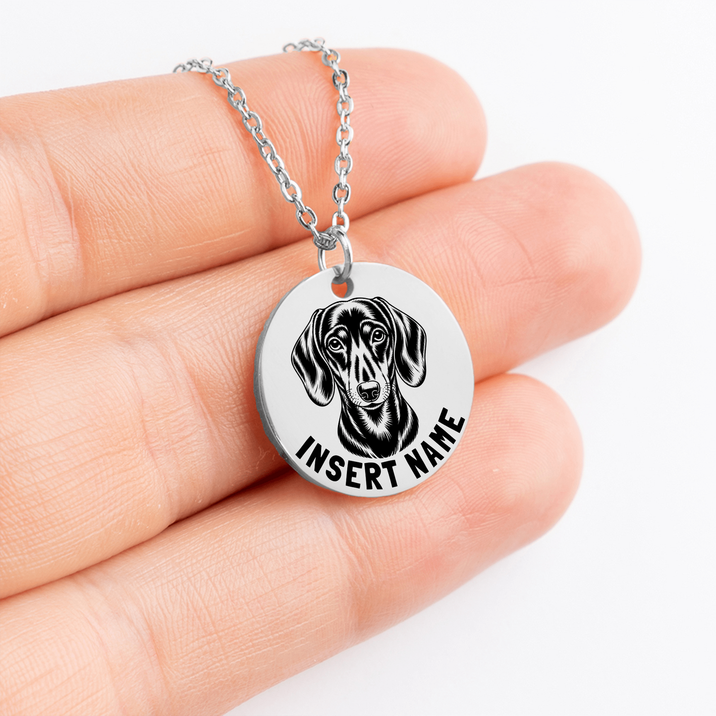 Personalized engraved Dachshund silver necklace in jewelry box with loving message card...