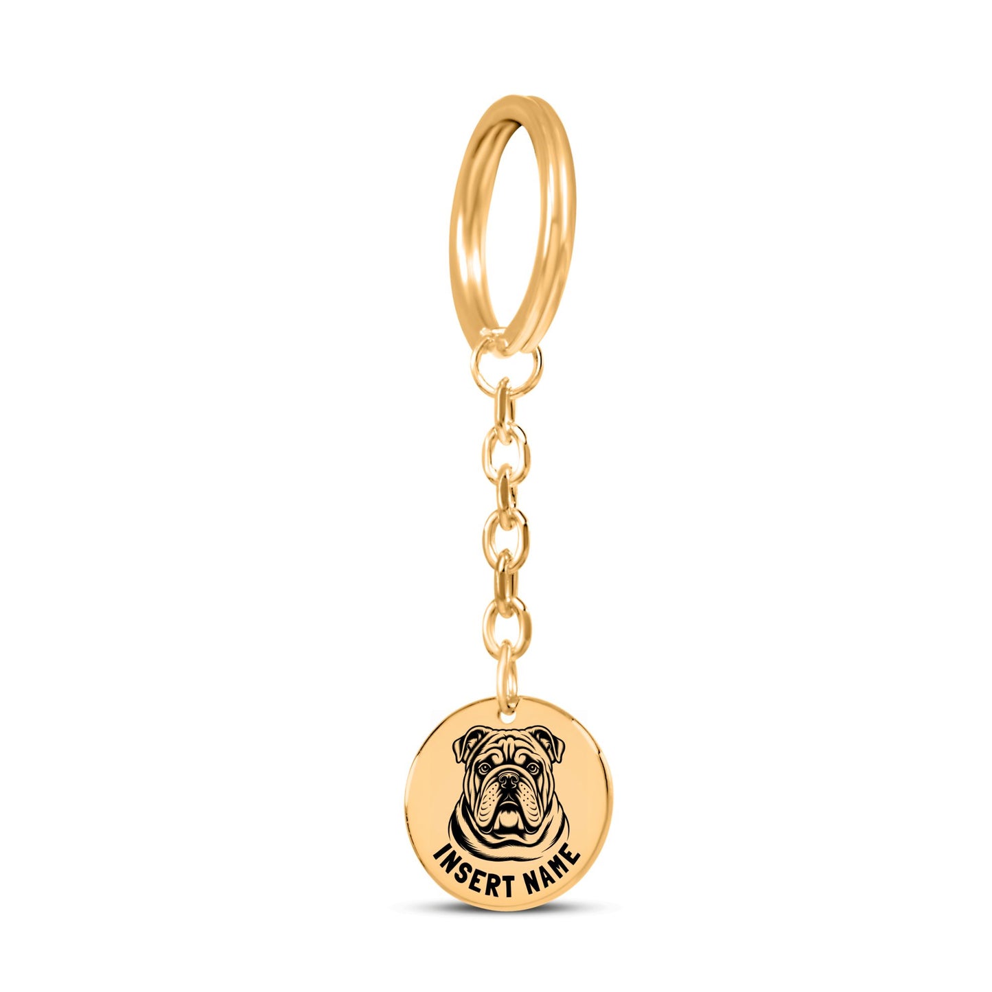 Personalized engraved English Bulldog gold keychain in a jewelry box with a loving message card..