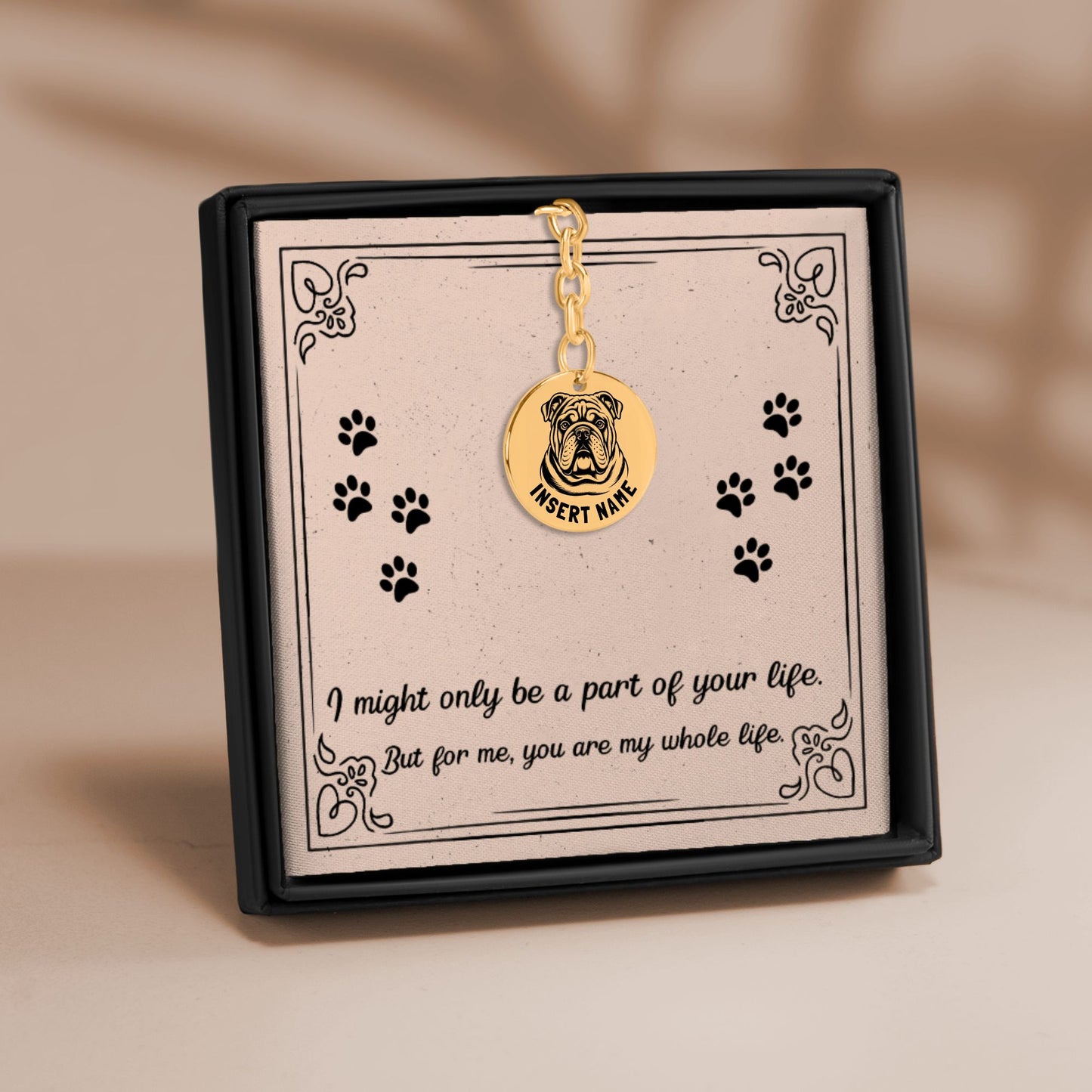 Personalized engraved English Bulldog gold keychain in a jewelry box with a loving message card.