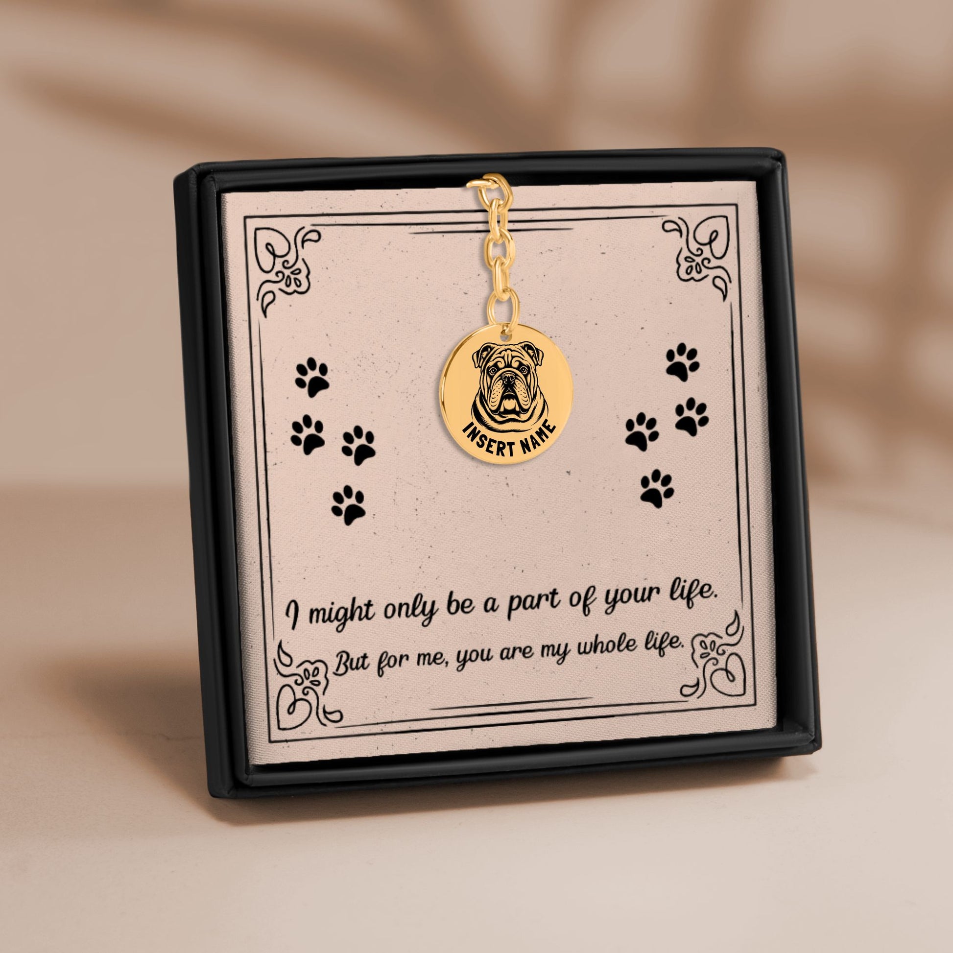 Personalized engraved English Bulldog gold keychain in a jewelry box with a loving message card.