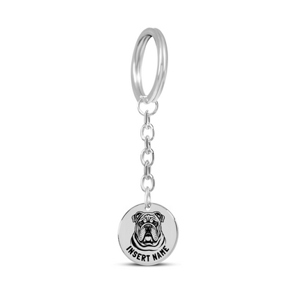 Personalized engraved English Bulldog silver keychain in a jewelry box with a loving message card...