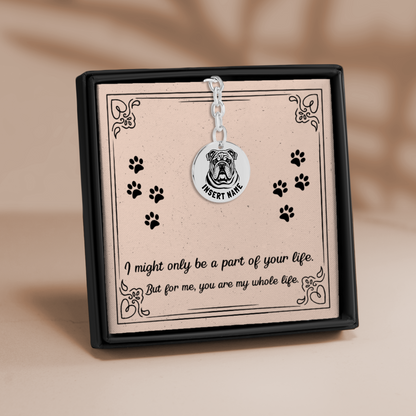 Personalized engraved English Bulldog silver keychain in a jewelry box with a loving message card..