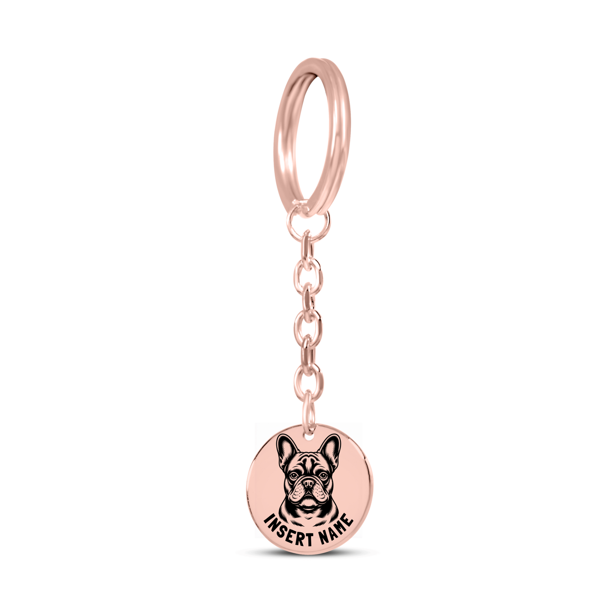 Personalized engraved French Bulldog rose gold keychain in a jewelry box with a loving message card..