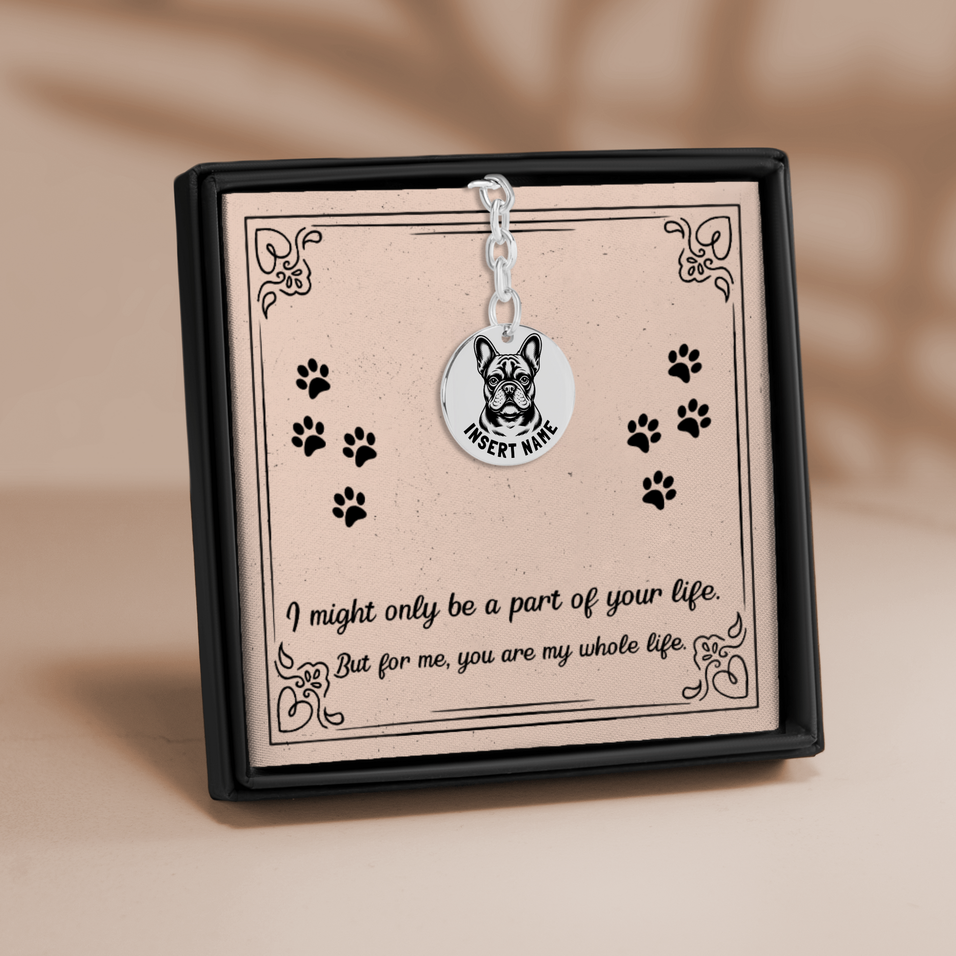 Personalized engraved French Bulldog silver keychain in a jewelry box with a loving message card..