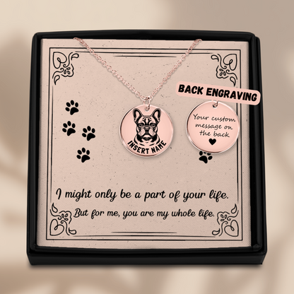 Personalized engraved French bulldog gold necklace in jewelry box with loving message card