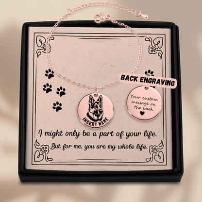 Personalized engraved German Shepherd Dog rose gold bracelet in a jewelry box with a loving message card