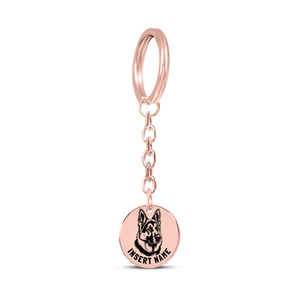 Personalized engraved German Shepherd rose gold keychain in a jewelry box with a loving message card..