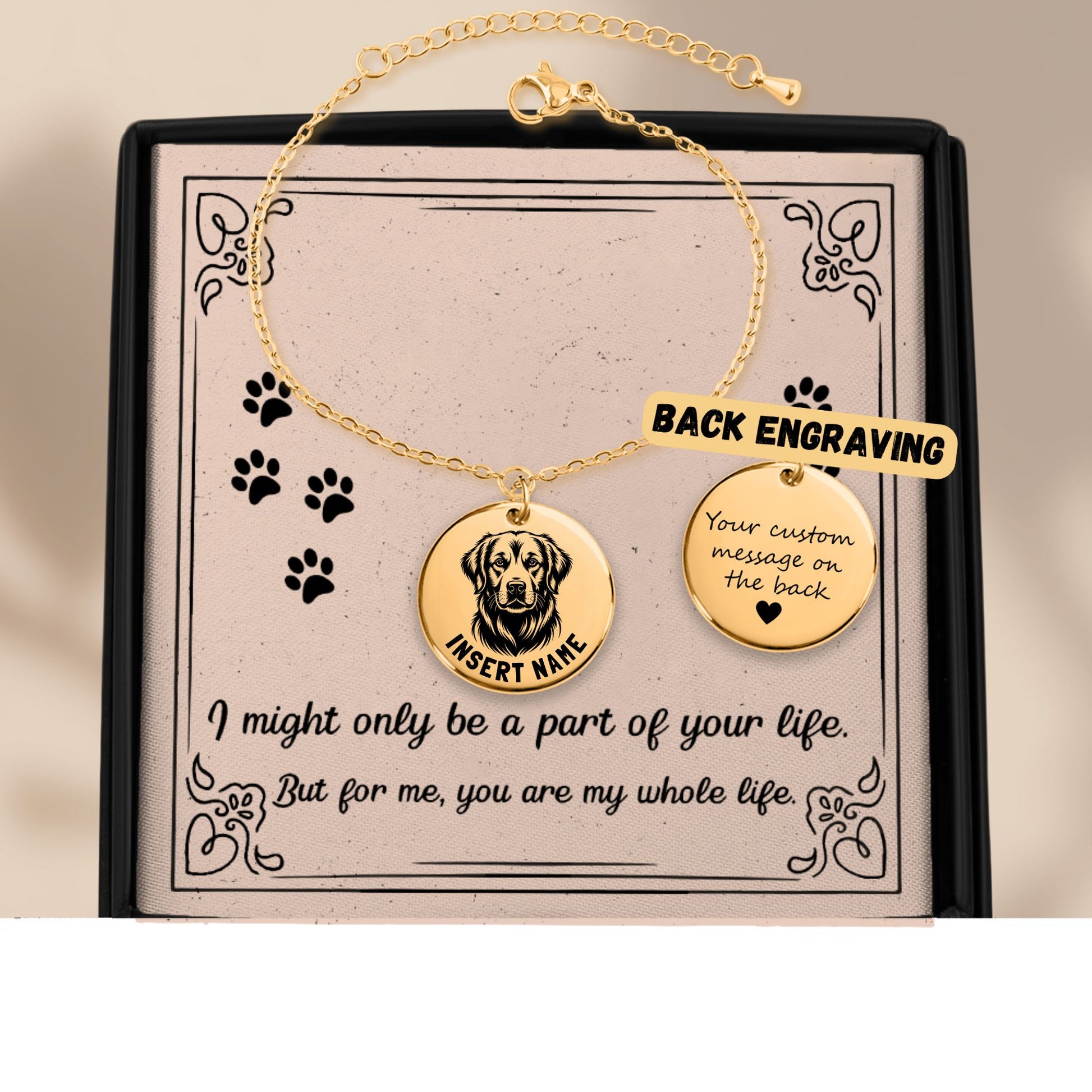 Personalized engraved Golden Retriever gold bracelet in a jewelry box with a loving message card