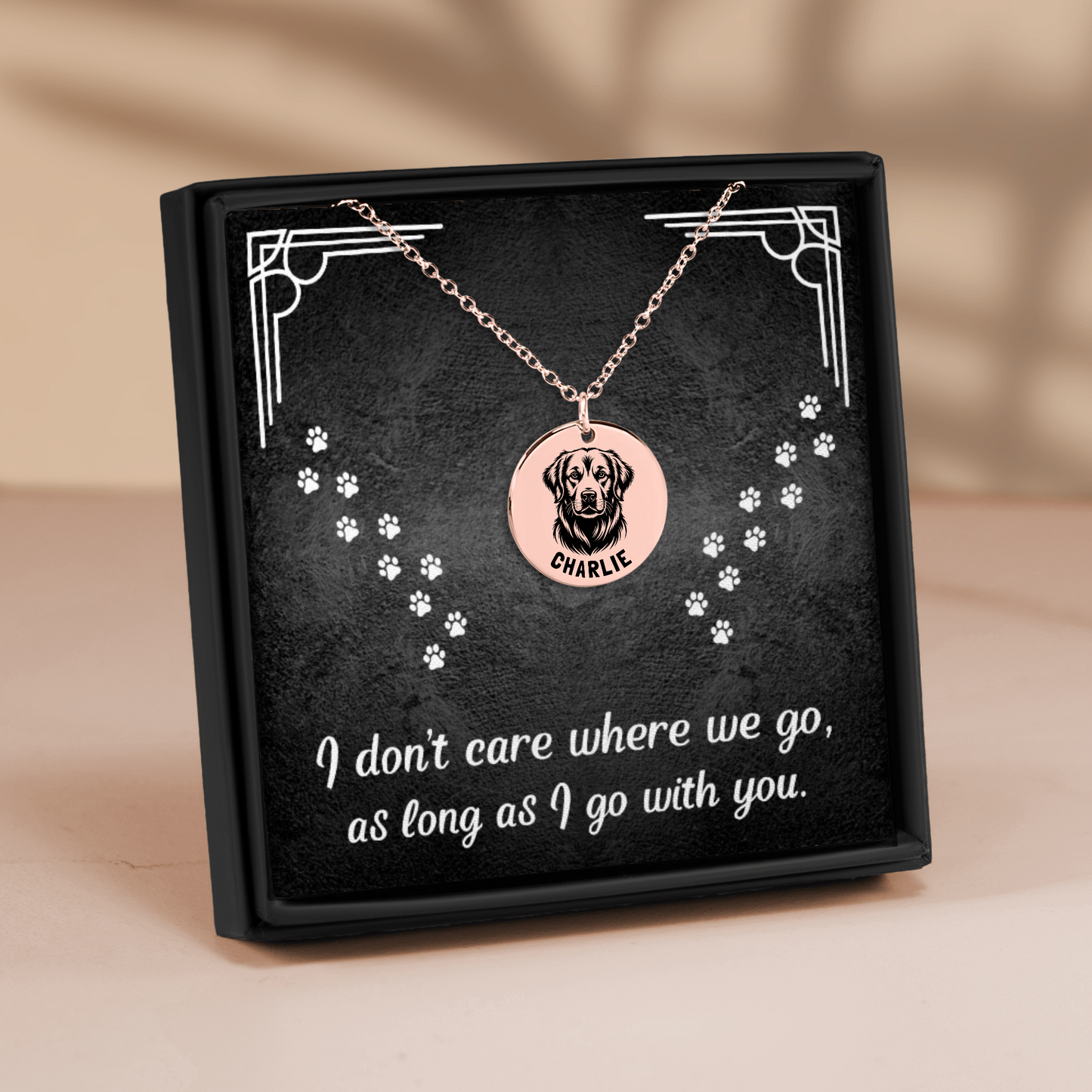 Personalized engraved Golden Retriever rose gold necklace in a jewelry box with a sweet message card..