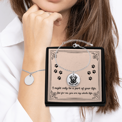 Personalized engraved Golden Retriever silver bracelet in a jewelry box with a loving message card...