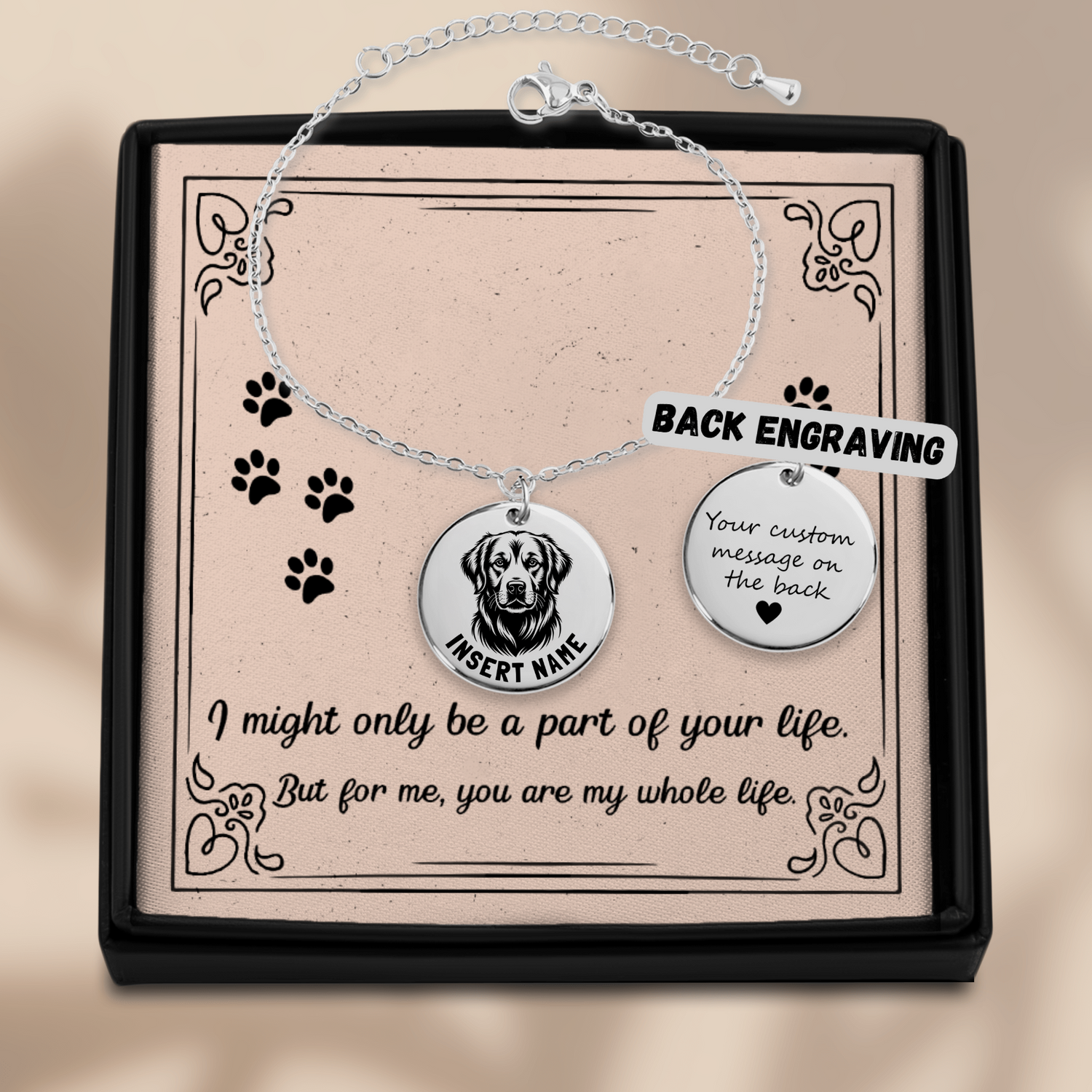 Personalized engraved Golden Retriever silver bracelet in a jewelry box with a loving message card