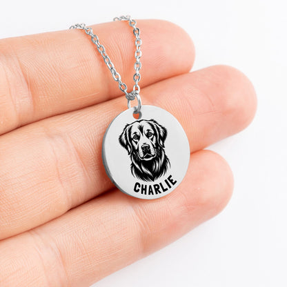 Personalized engraved Golden Retriever silver necklace in a jewelry box with a sweet message card.