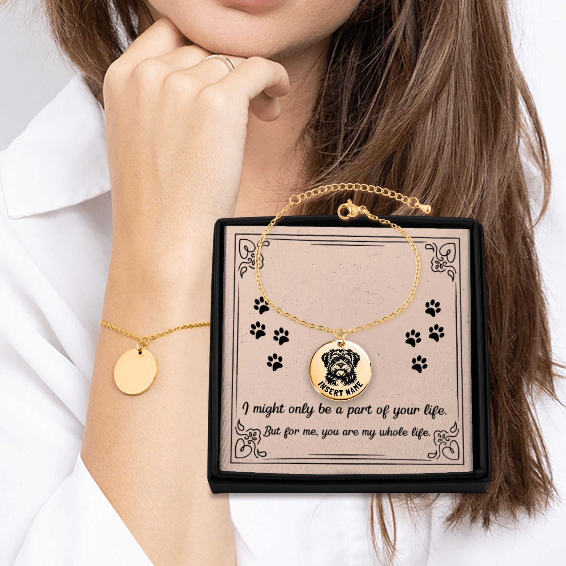 Personalized engraved Havanese Dog gold bracelet in a jewelry box with a loving message card.
