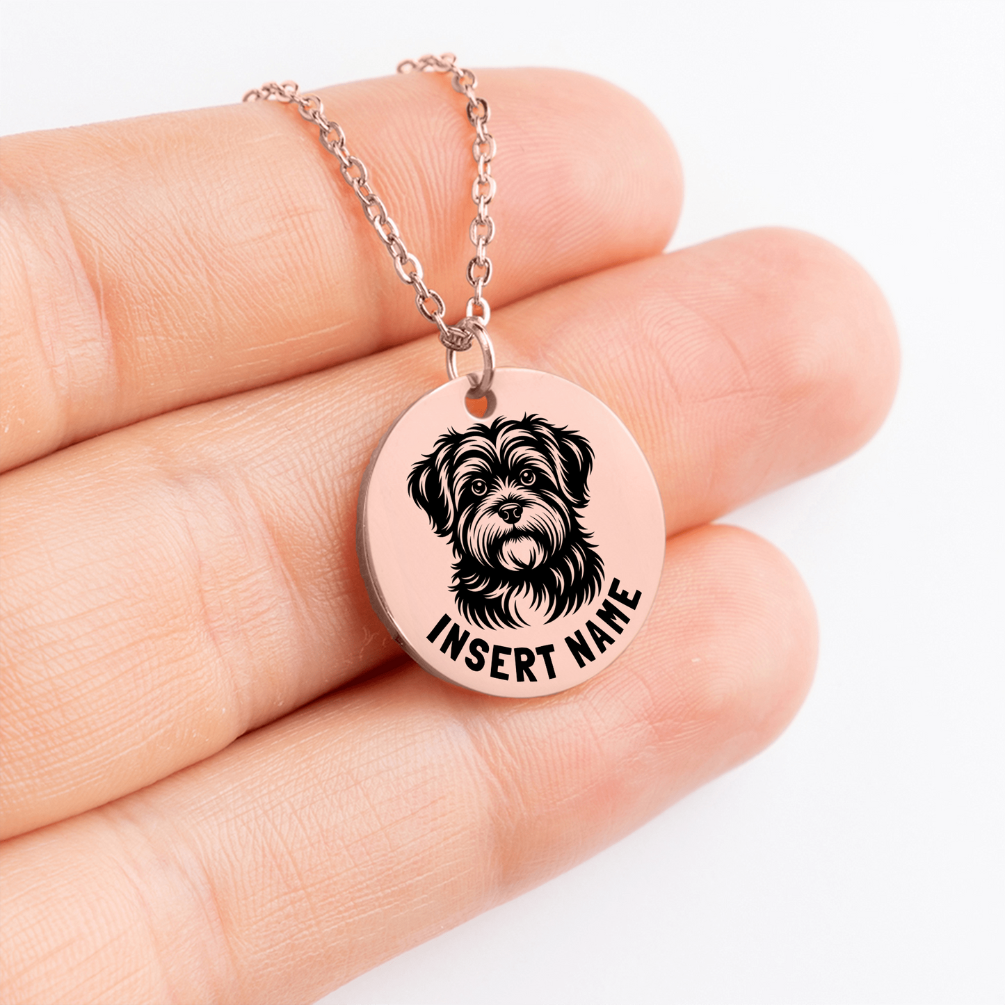 Personalized engraved Havanese Dog rose gold necklace in jewelry box with loving message card..