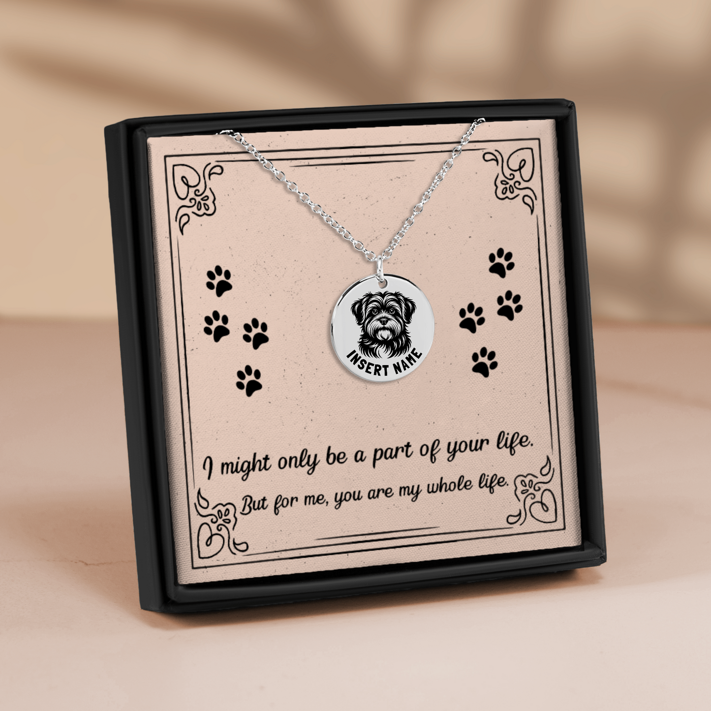 Personalized engraved Havanese Dog silver necklace in jewelry box with loving message card..