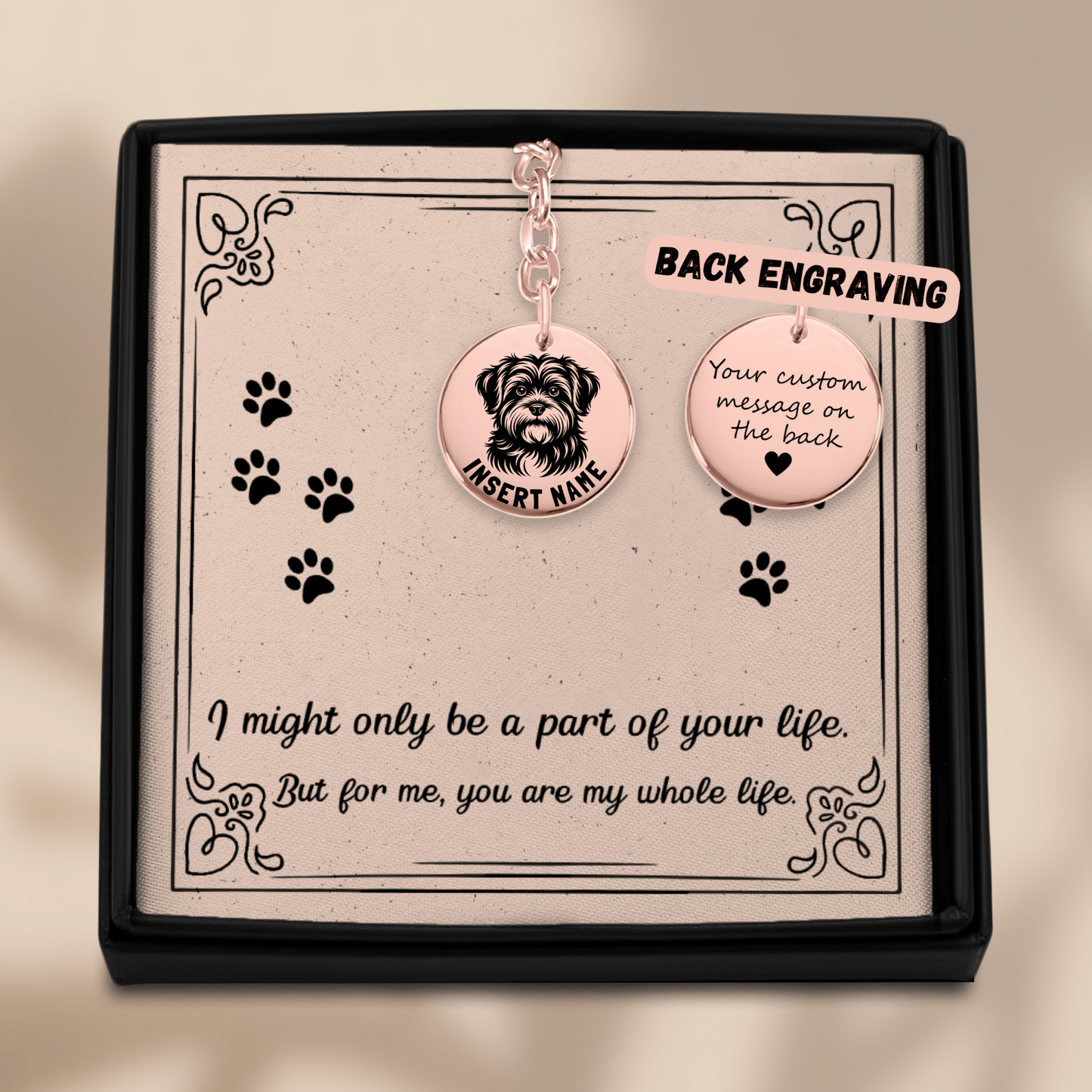 Personalized engraved Havanese rose gold keychain in a jewelry box with a loving message card