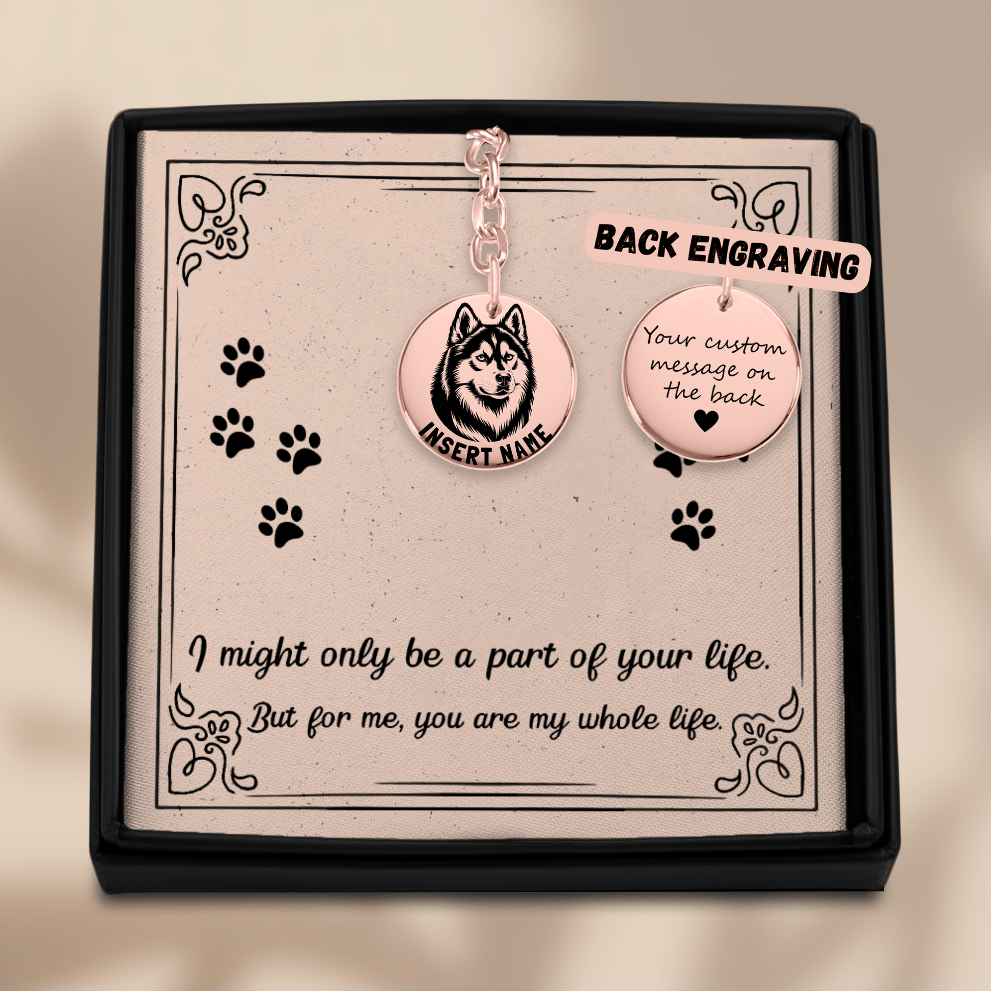Personalized engraved Husky rose gold keychain in a jewelry box with a loving message card 2