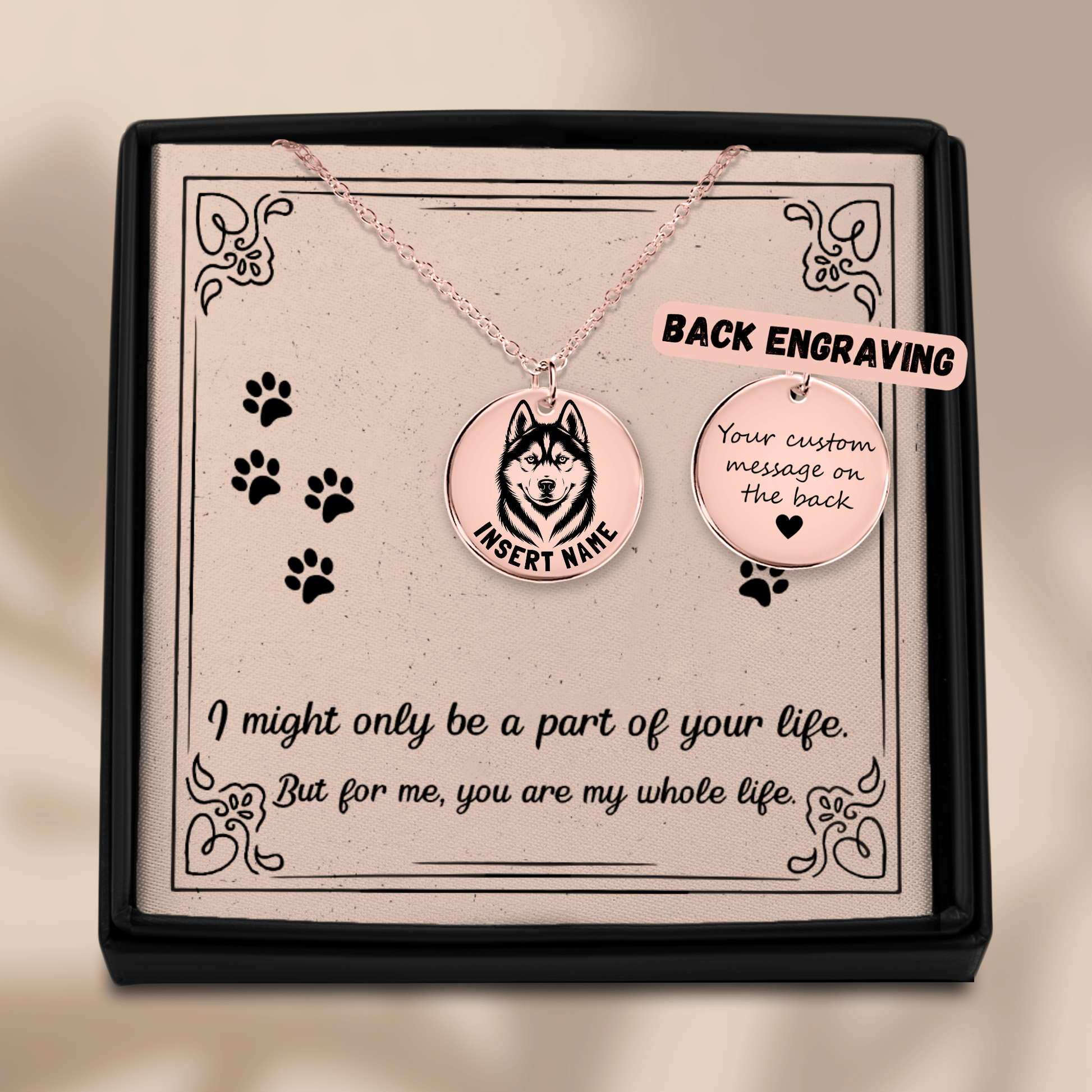 Personalized engraved Husky rose gold necklace in a jewelry box with a loving message card 1