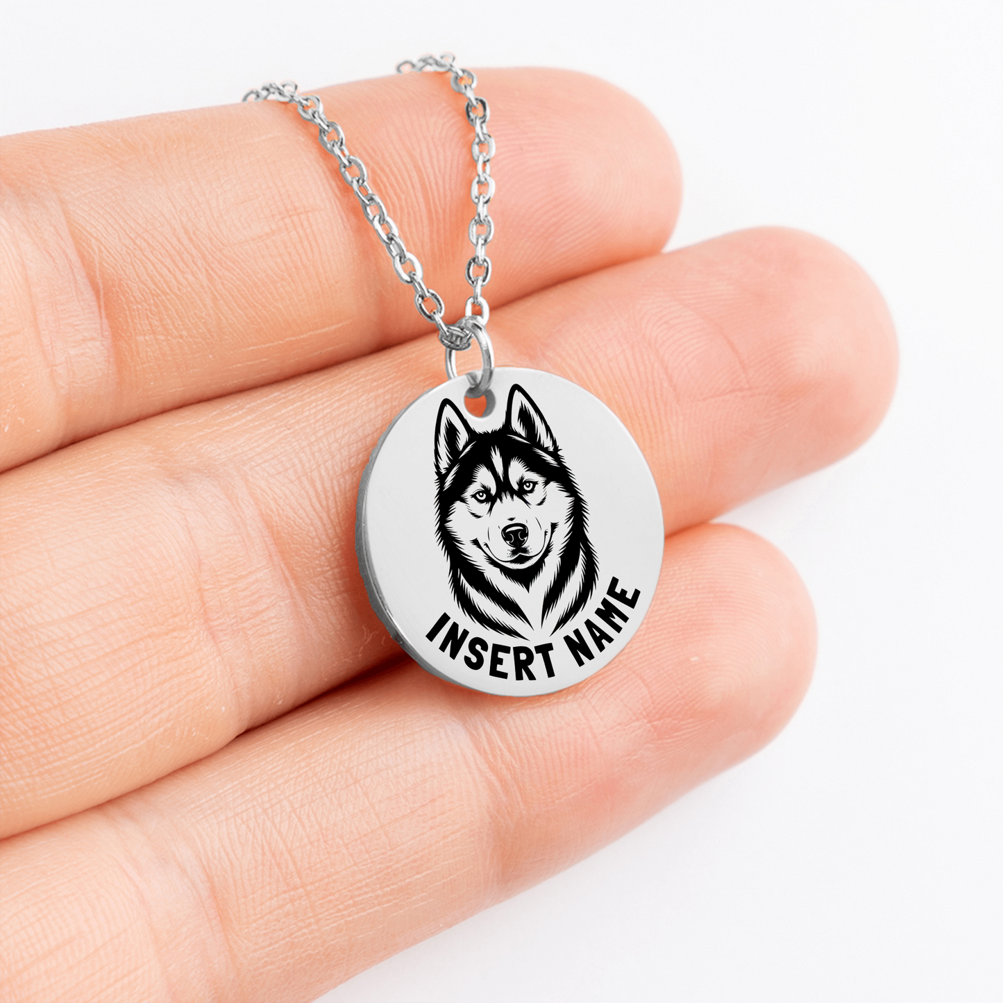Personalized engraved Husky silver necklace in a jewelry box with a loving message card 1...