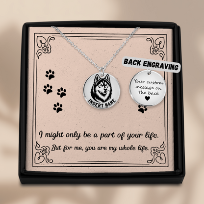 Personalized engraved Husky silver necklace in a jewelry box with a loving message card 2
