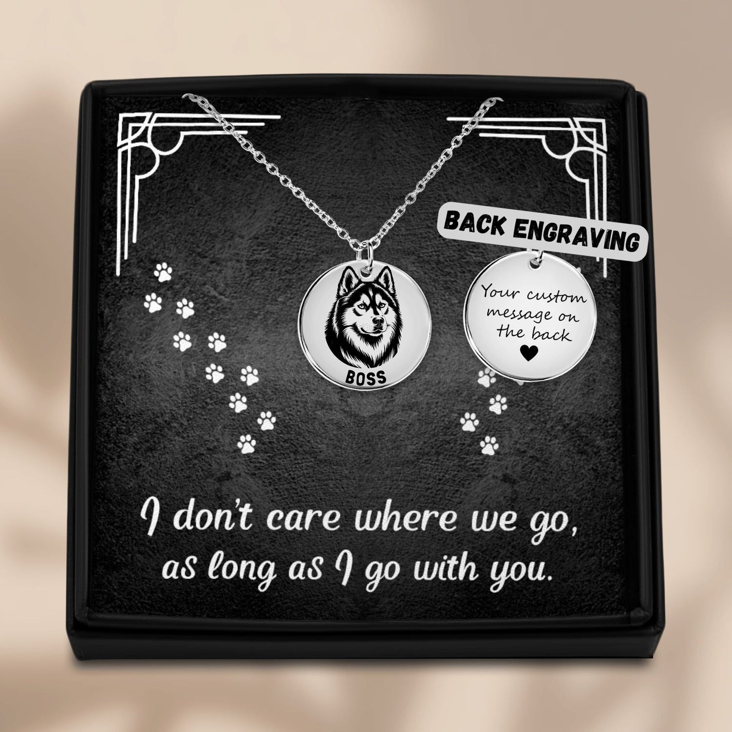 Personalized engraved Husky silver necklace in a jewelry box with a sweet message card