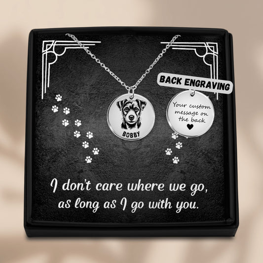 Personalized engraved Jack Russel silver necklace in a jewelry box with a sweet message card