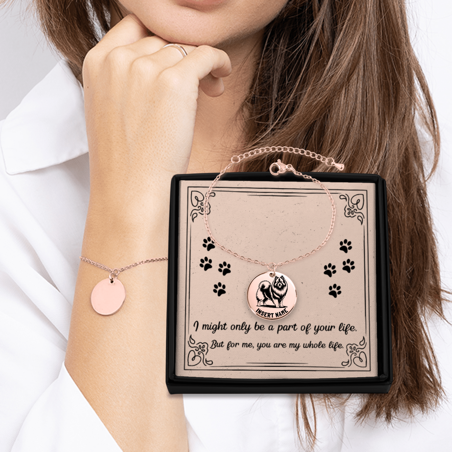 Personalized engraved Keeshond Dog rose gold bracelet in jewelry box with loving message card 1.