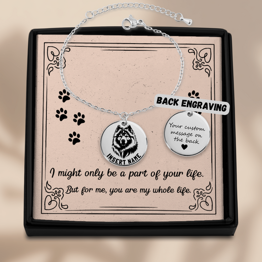 Personalized engraved Keeshond Dog silver bracelet in a jewelry box with loving message card