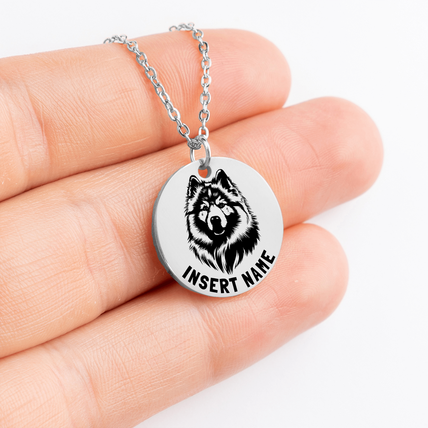 Personalized engraved Keeshond Dog silver necklace in jewelry box with loving message card 3...