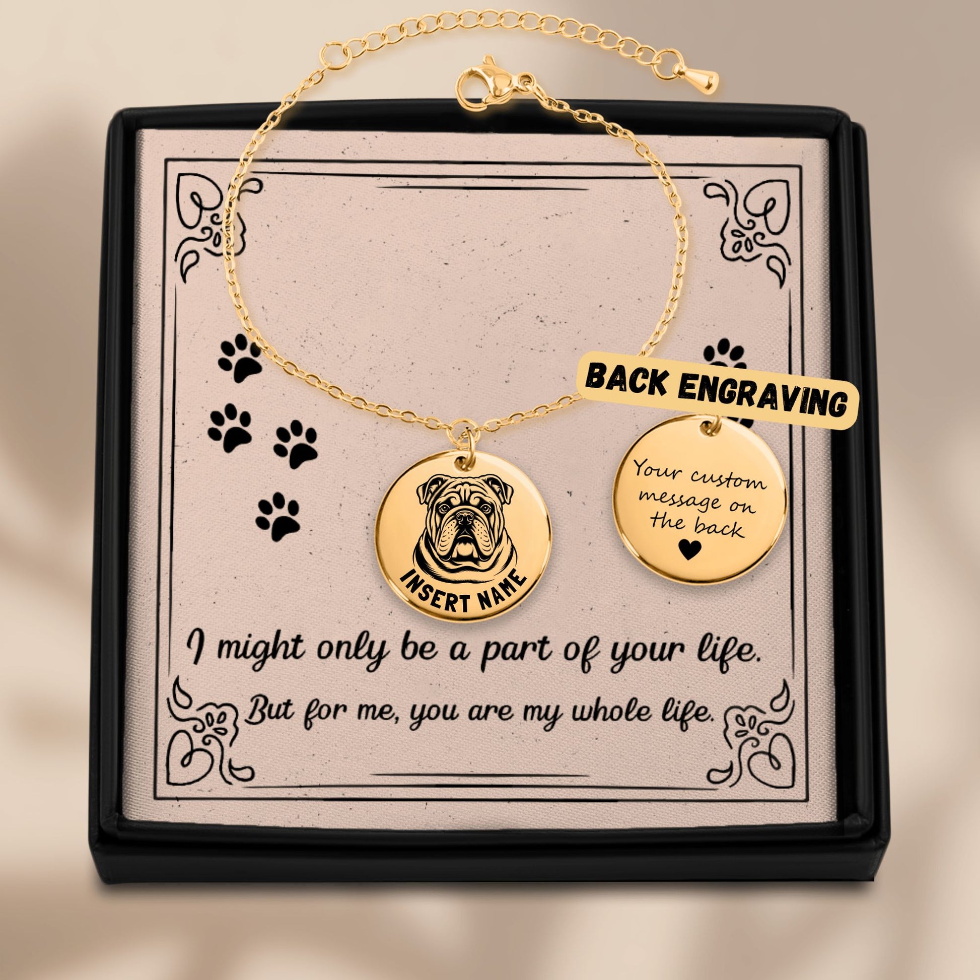 Personalized engraved Keeshond English Bulldog gold bracelet in jewelry box with loving message card