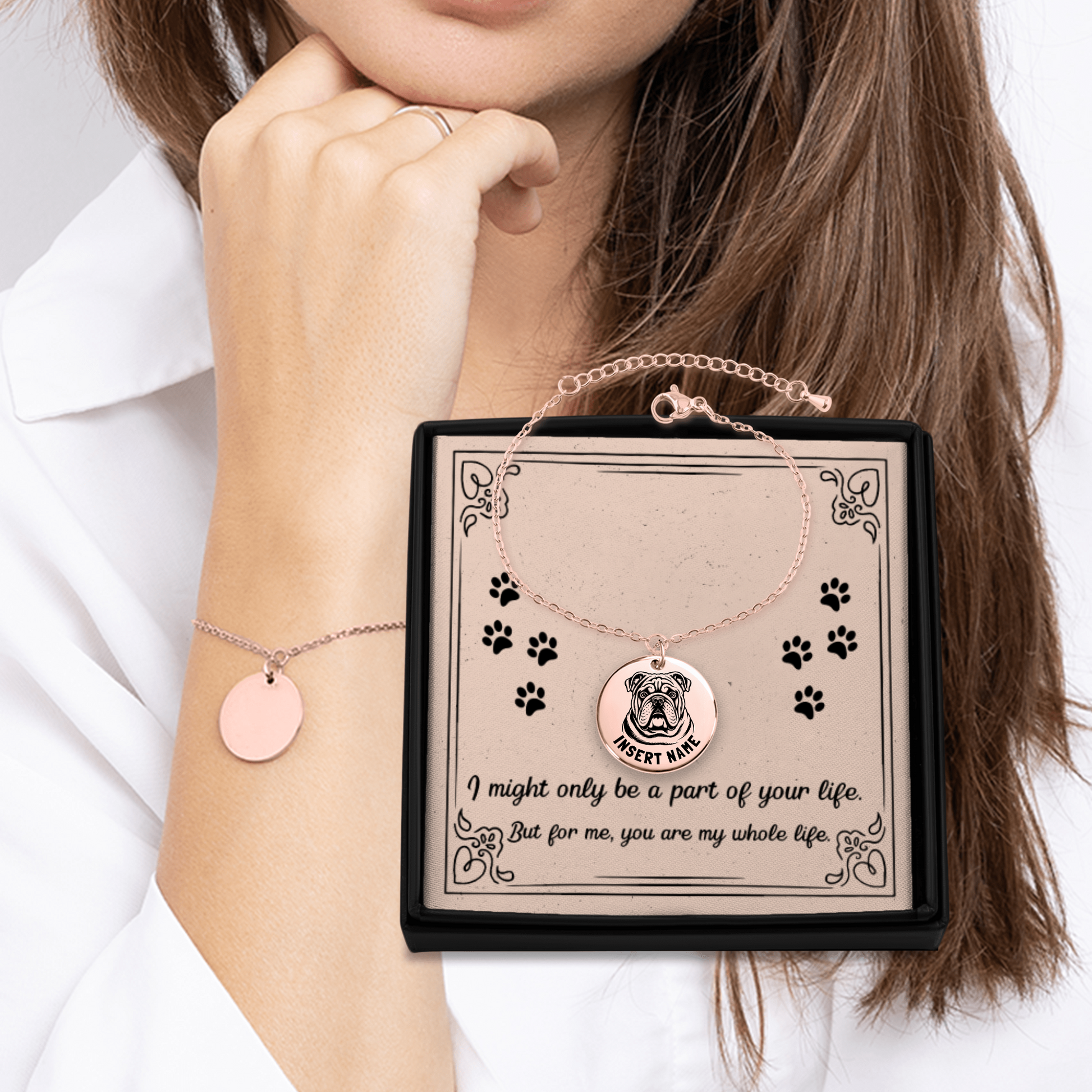 Personalized engraved Keeshond English Bulldog rose gold bracelet in jewelry box with loving message card.