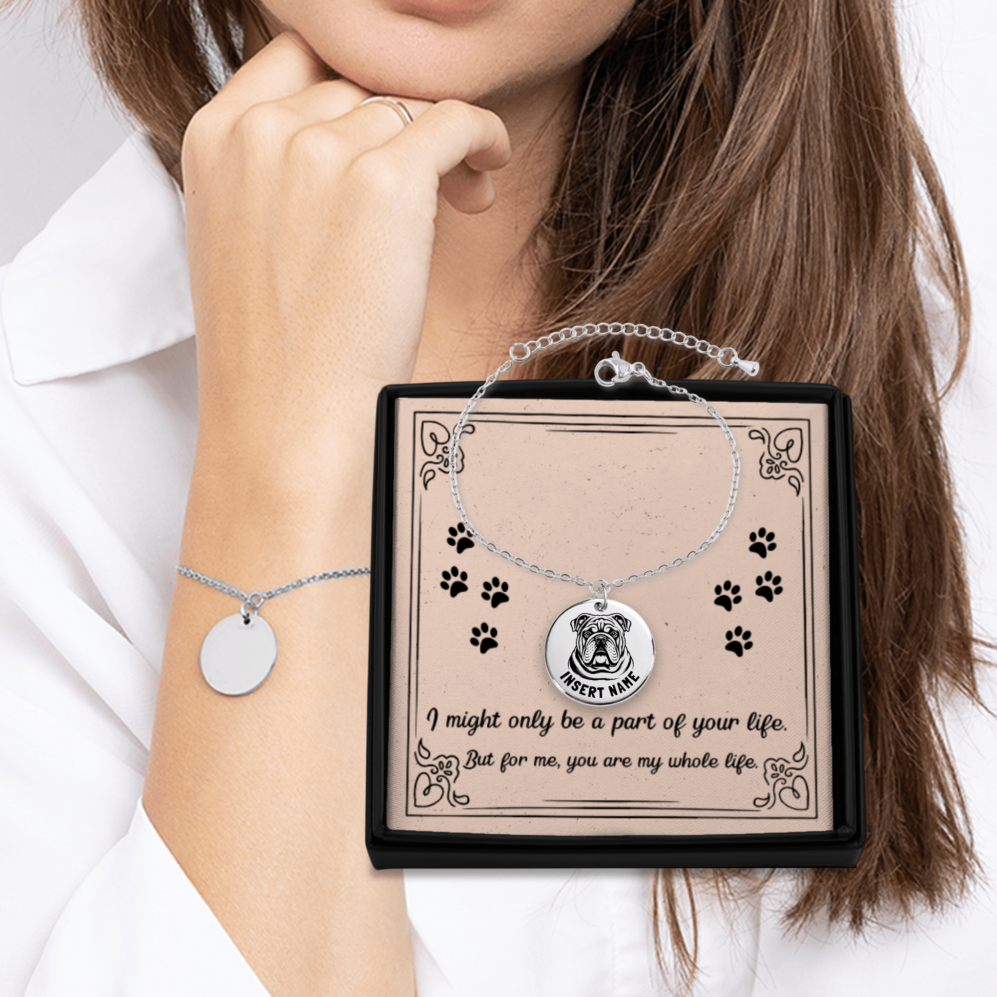 Personalized engraved Keeshond English Bulldog silver bracelet in jewelry box with loving message card...