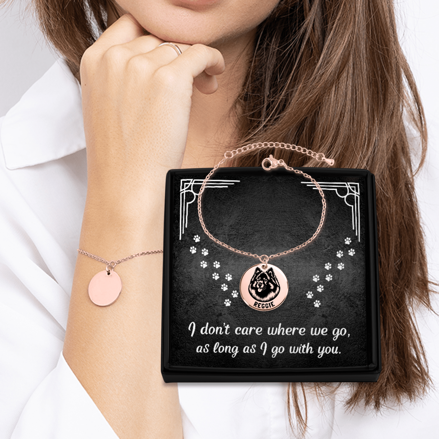 Personalized engraved Keeshond rose gold bracelet in a jewelry box with a sweet message card..