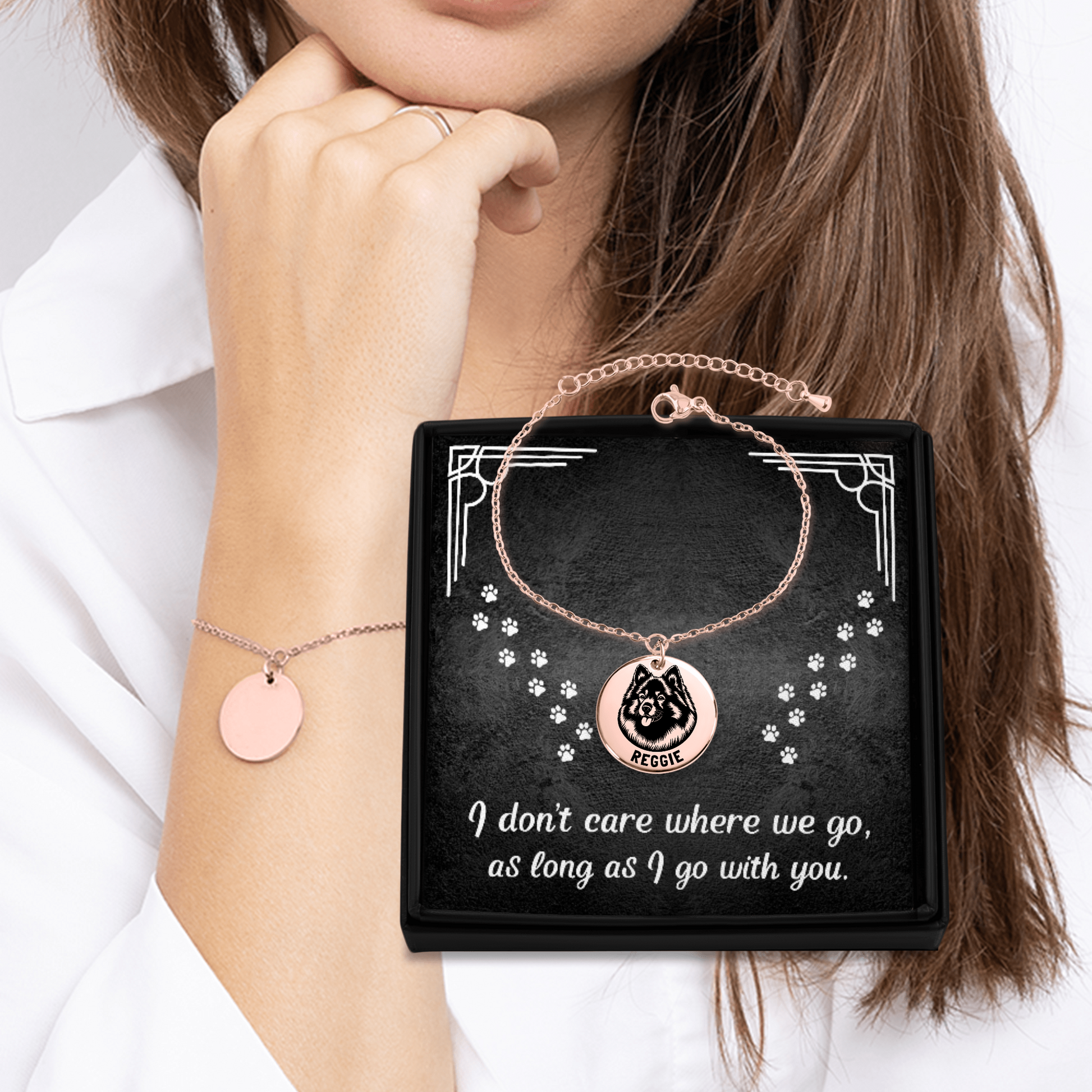 Personalized engraved Keeshond rose gold bracelet in a jewelry box with a sweet message card..